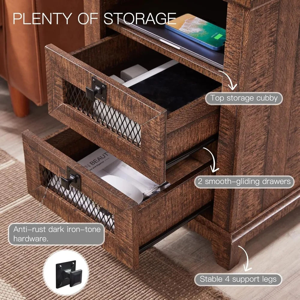 Table de chevet avec station de recharge, table d'appoint industrielle et de ferme avec 2 tiroirs et cubby ouvert, tiroir en maille rustique