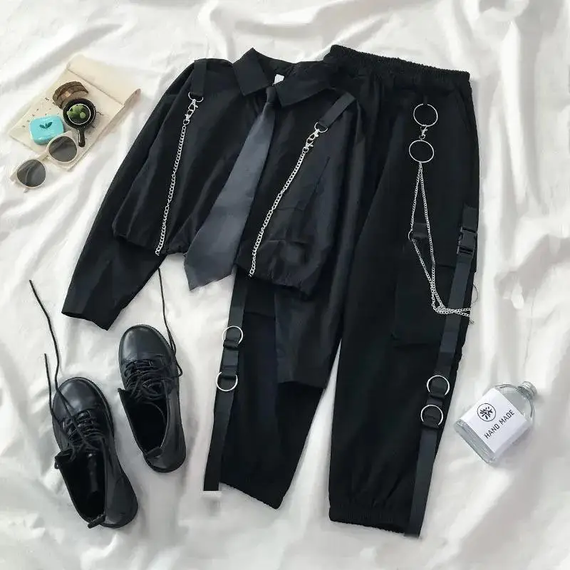 2023 Autumn Streetwear Pants High-Waist Straight Ribbon Cargo Pants Student Loose Long-Sleeved Shirt with Pants two-piece Set