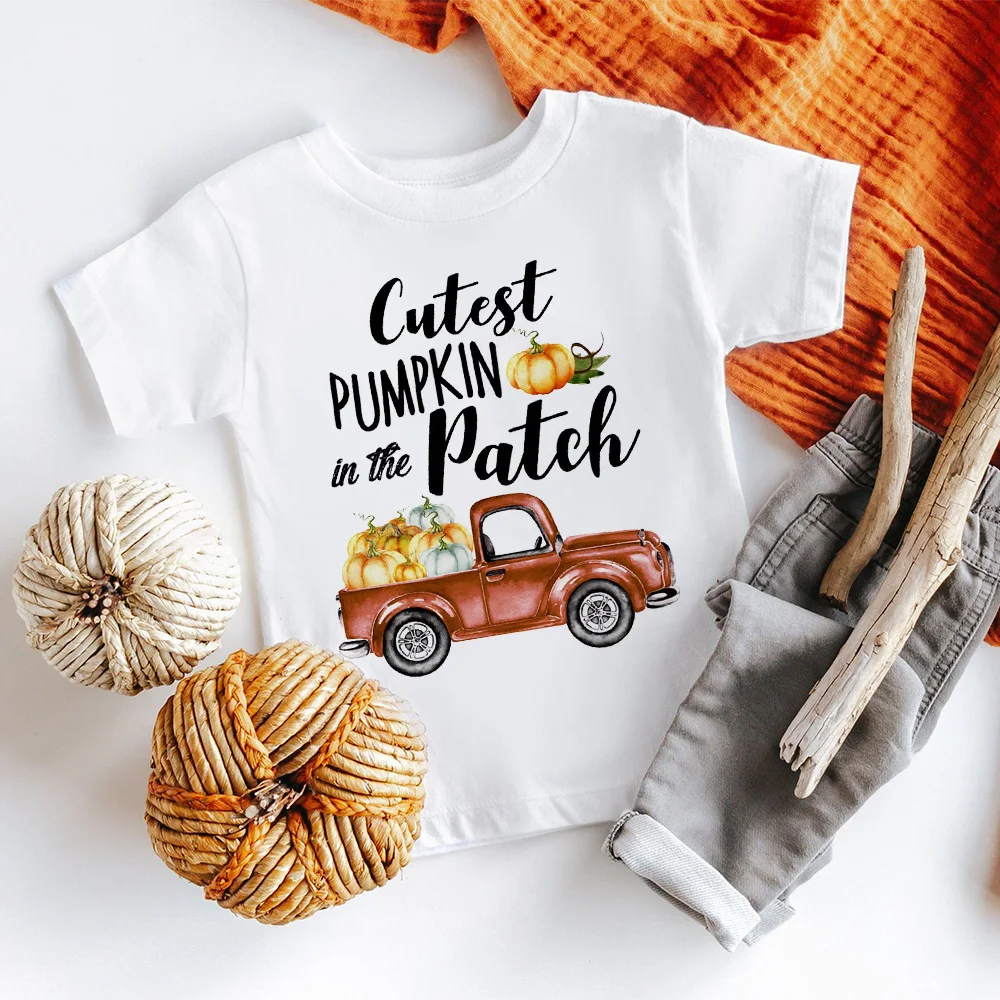 Cutest Pumpkin in The Patch Print Shirt Kids Thanksgiving Halloween Party T-shirt Boys Girls Short Sleeve Tee Child Holiday Tops