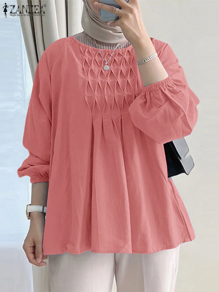 2025 ZANZEA Camicette musulmane a maniche lunghe da donna eleganti Turchia Aabya Caftano Casual O-Collo Camicia da lavoro Hijab Top Abbigliamento islamico