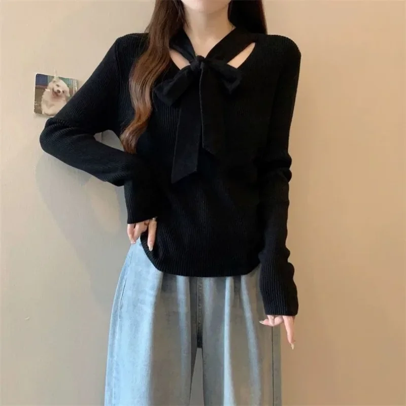 Вязаный свитер с бантом и v-образным вырезом, женский пуловер, осень 2023, новая внутренняя одежда, универсальный темпераментный топ с длинными рукавами