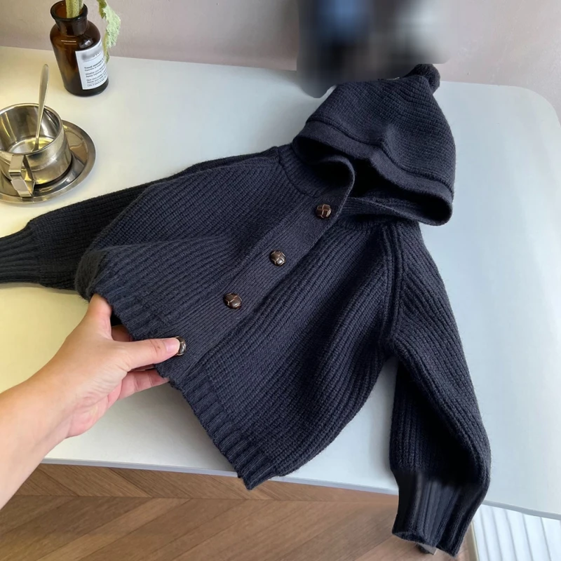 Boys And Girls Single-Breasted Hooded Knitted Cardigan Jacket Children\'s Spring And Fall Wool Ball Decoration Sweater Coat