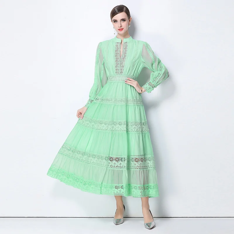 Estate autunno vacanza manica lunga lanterna ricamo verde abito da ballo donna patchwork pizzo una linea scava fuori abiti da festa