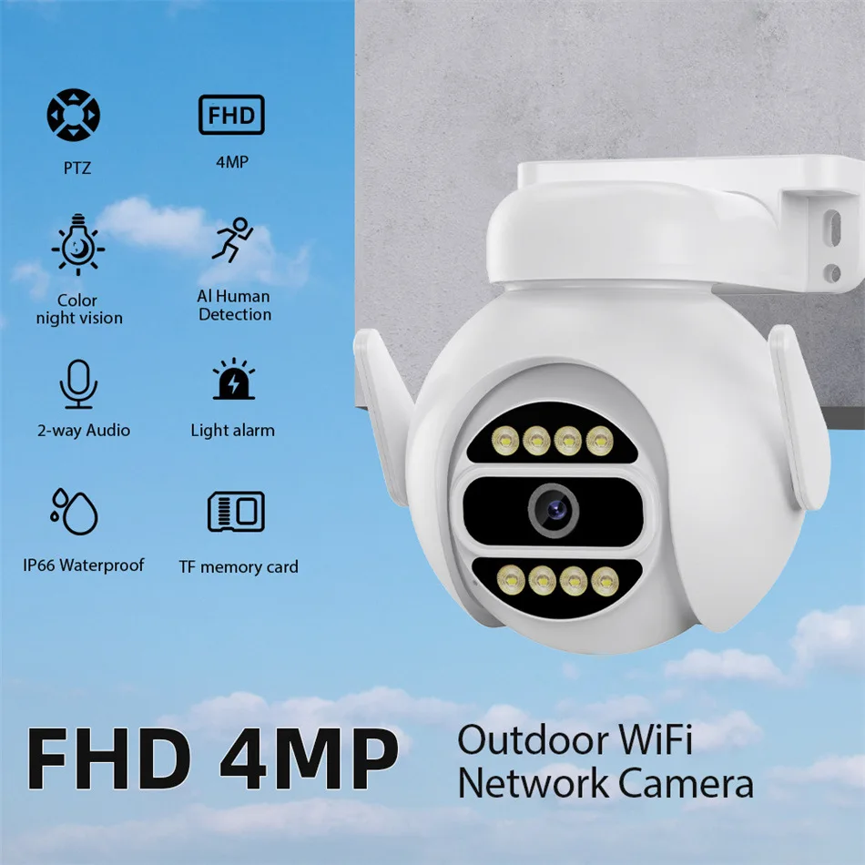 4MP IP Camera Two Way Audio Colorful Night Vision Auto Track Human Detect IP66 Surveillance Camera AI Cloud Alexa Google ICSEE