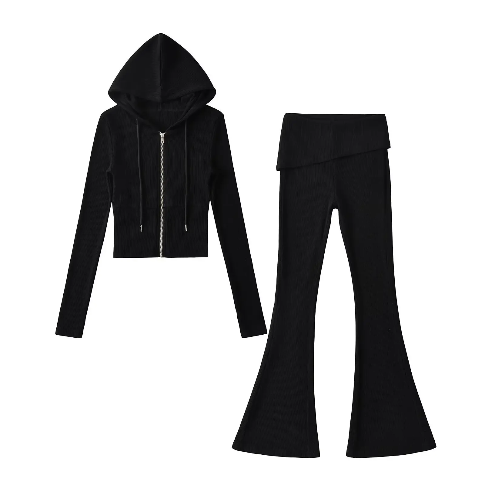 春秋用長袖ジッパー付きフードニットカーディガンとローウエストフレアパンツセット カジュアル女性用ニットスリム2点セット