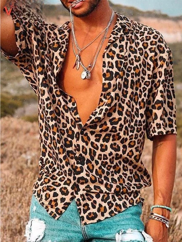 

Leopard Print Casual ort Sve irt Loose Fit Polyester Fiber Summer Season Chinese Production Regular Thin