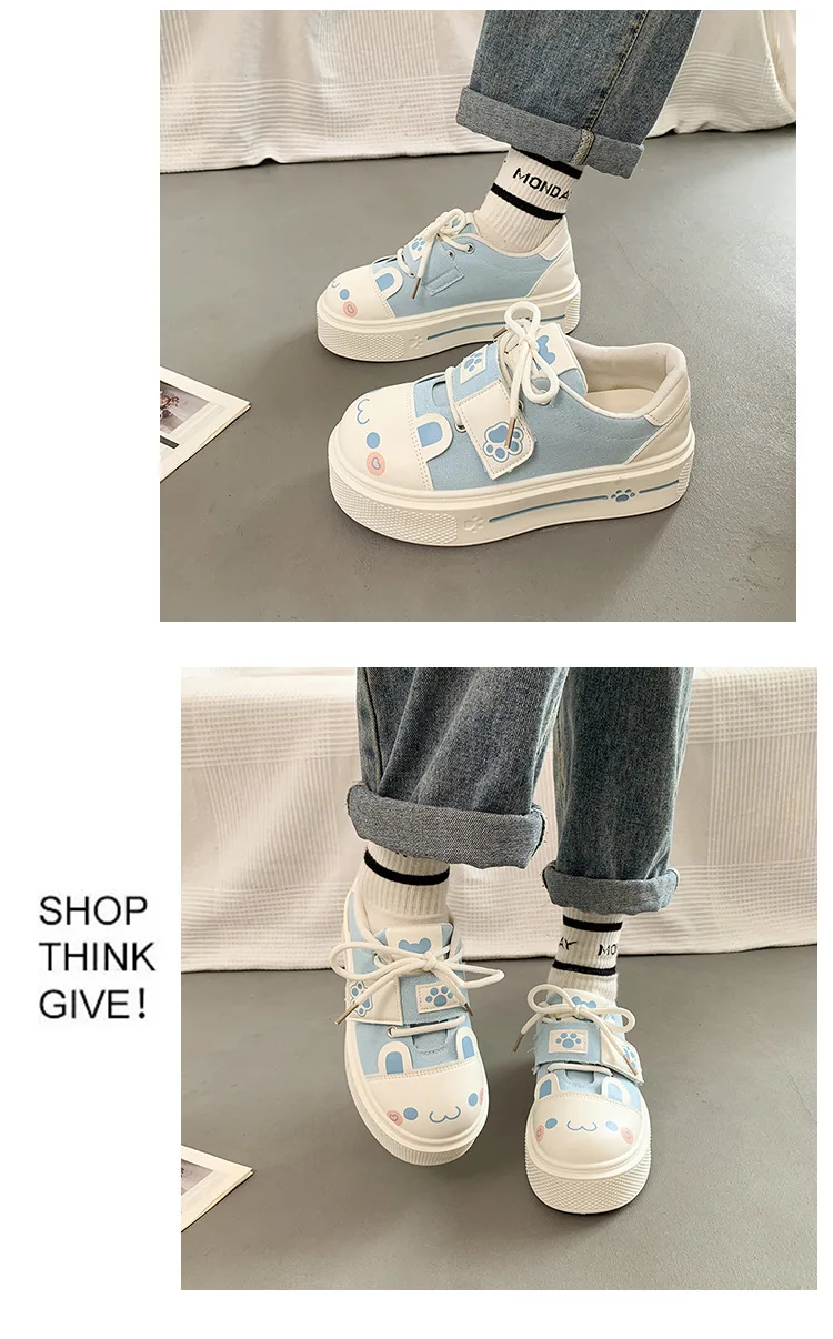 Kuschelige Katzenpfoten-Canvas-Schuhe, Schnür-Sneaker mit Kätzchen-Patchwork für Damen, Plateau-Schuhe aus Kunstleder, Lolita-Chunky-Trainer – Detail 15