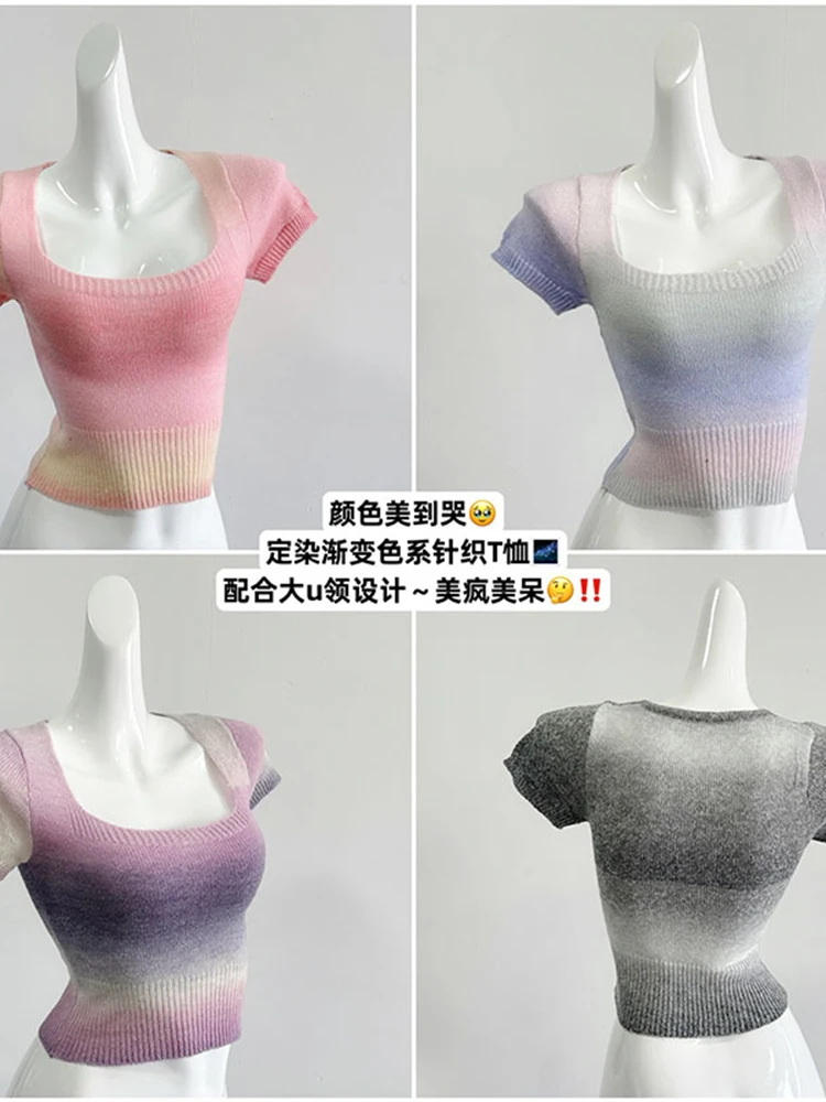 Estate donna moda coreana Crop top in maglia Color caramella colletto quadrato Gyaru Bodycon Tees magliette a maniche corte 2000s estetica