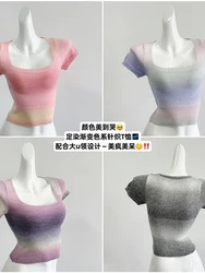 Estate donna moda coreana Crop top in maglia Color caramella colletto quadrato Gyaru Bodycon Tees magliette a maniche corte 2000s estetica