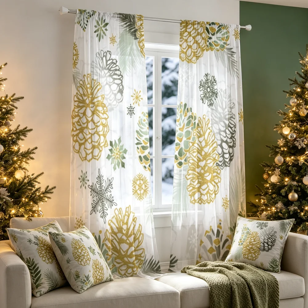 2PCS Christmas Curtains, Gold Pinecones Pine Needles Print, Bedroom Living Room Window Drapes, Rod Pocket Polyester, Home Decor