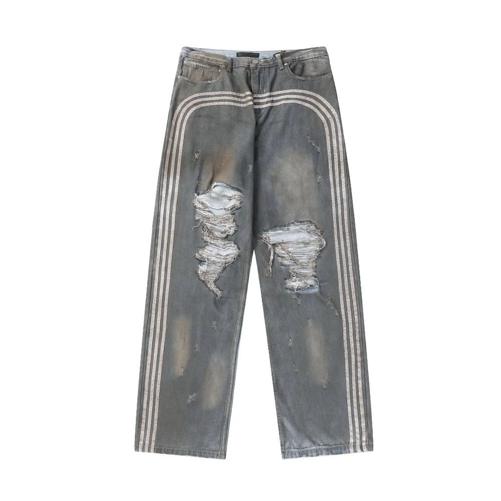 Retro Wasteland Style Dirty Dyed Washed Ripped Jeans Pants Men's and Women's Striped Patchwork Casual Loose Streetwear Pants
