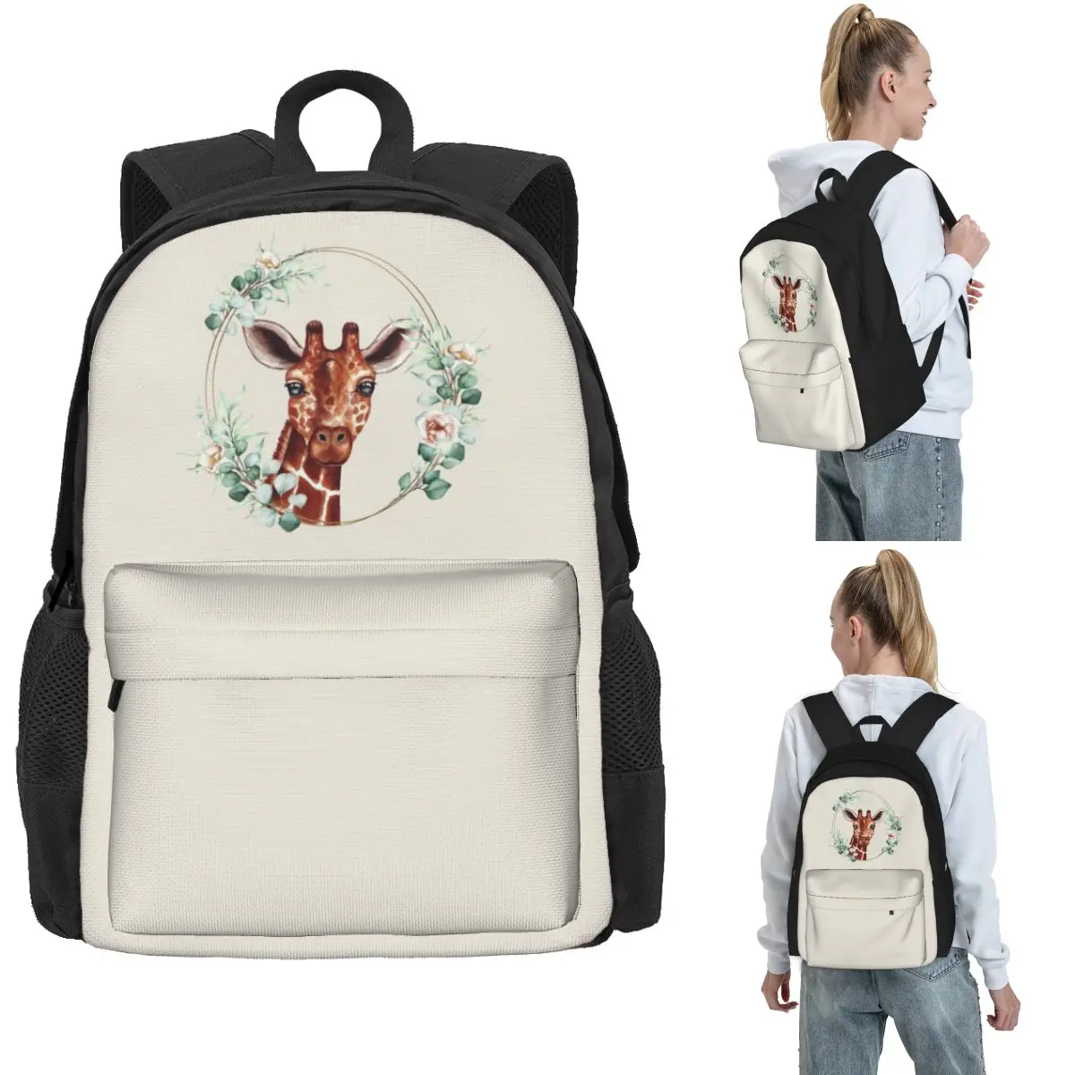 

Giraffe In A Floral Gold Wreath Frame Backpack Hot Sale Daypack Large Capacity BookBag School Bag Shoulder Bags for Men Women