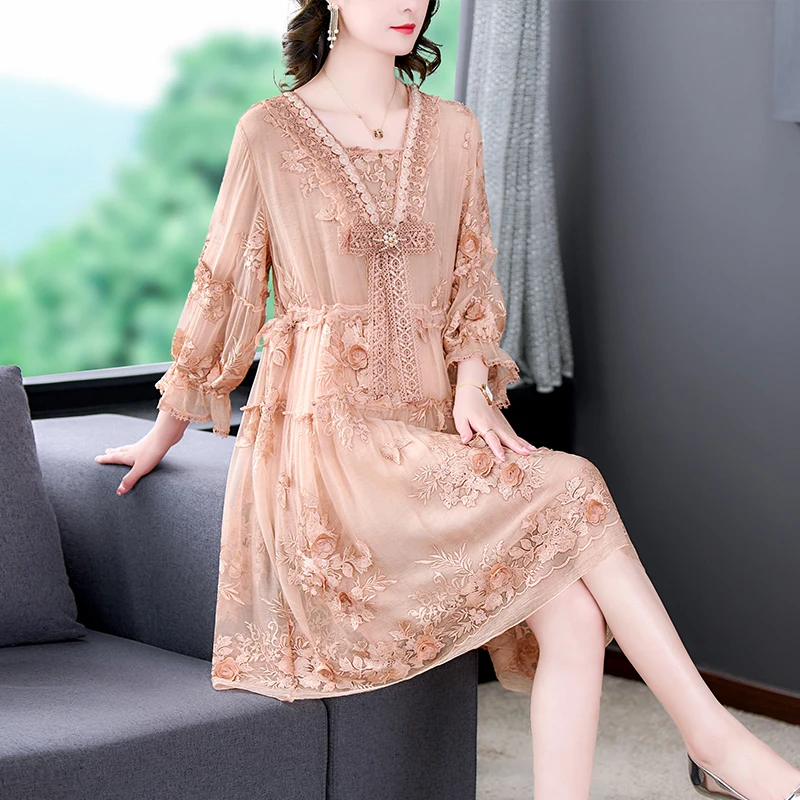 

Luxury Silk Embroidery Casual Loose Midi Dress Summer Women Elegant Bodycon Party Vestidos 2024 Vinatge Floral Evening Dresses