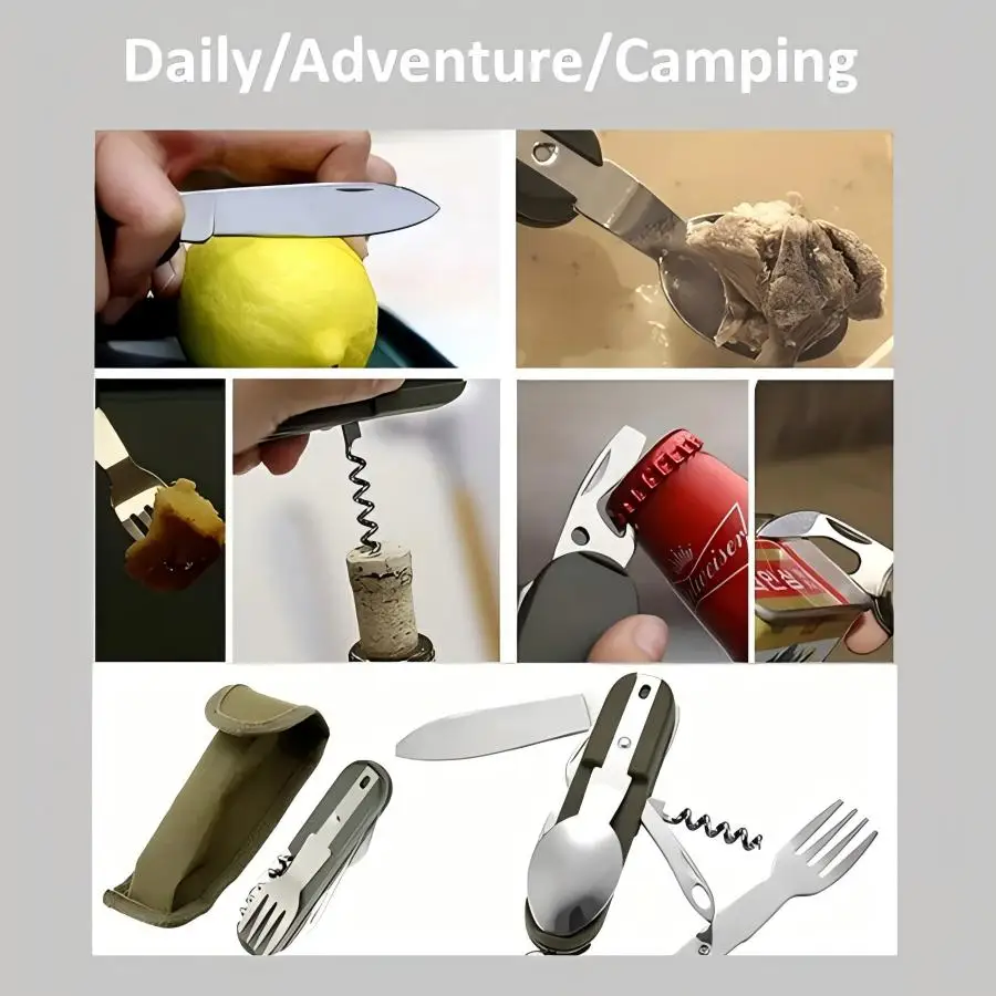 1PC Detachable Camping Tableware Set,Portable 7-in-1 Stainless Steel Travel Tableware,Multifunctional Folding Tableware