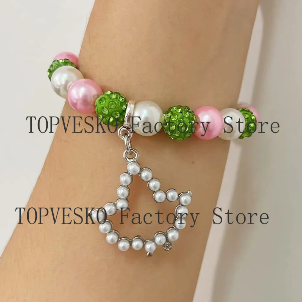 Alpha Pink Green Beads Inlaid Pearl Ivy Pendant Bracelet