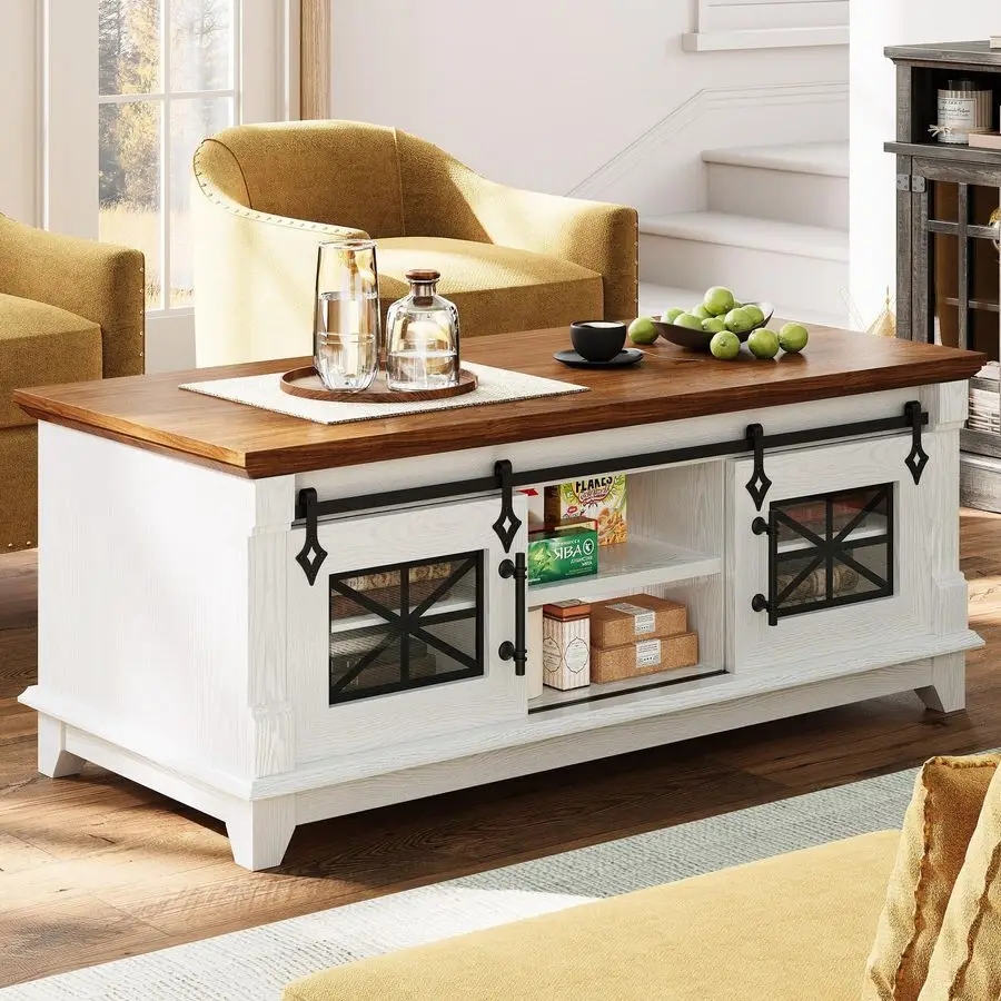 

48 Coffee Table with Sliding Barn Doors, Rustic Center Table with 6 Large Storage Space, Glass Doors and Adjustable Middle Shelf