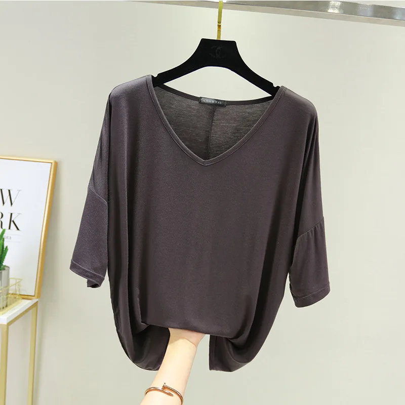 Women\'s Casual Loose Tshirt fashion Half Batwing Sleeves T-shirt Plus size  V-Neck Tee Tops 8 Solid colors