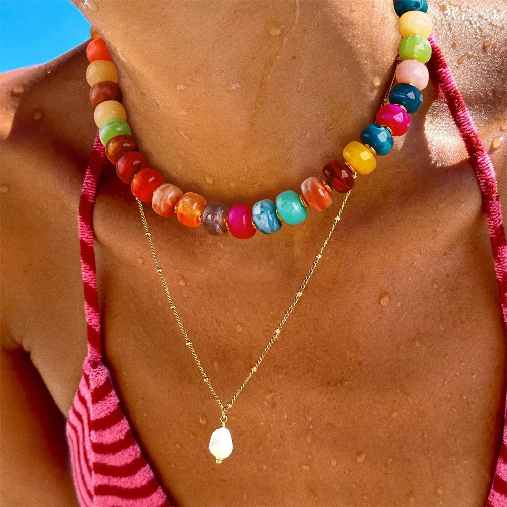 Colorful Resin Beaded Choker for Women Statement Necklace Beach Boho Jewelry Accessories Chunky Puffy Heart Pendant Necklaces