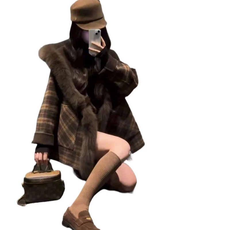 

Autumn Winter Design Double-sided Double-wear Fluffy Splicing Plaid High-end Hooded Jacket Medium and Long Coat Hooded Jackets