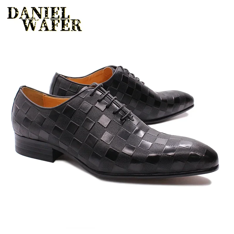 Luxury Oxford Men\'s Dress Shoes Fashion Male Genuine Leather Black Plaid Print Lace-Up Wedding Office Business Formal Shoe