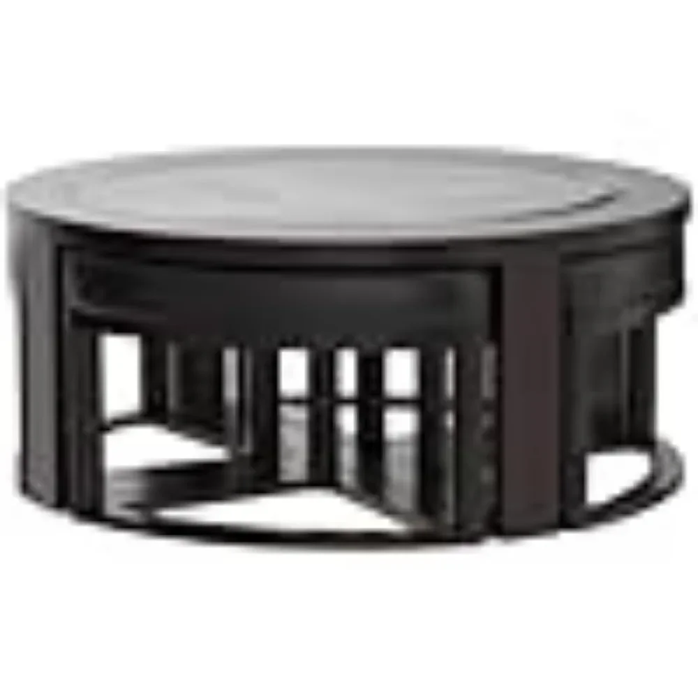 Furniture Solid Wood Glass Top Round Coffee Table with 4 Stools, Café Furniture, Café Tables