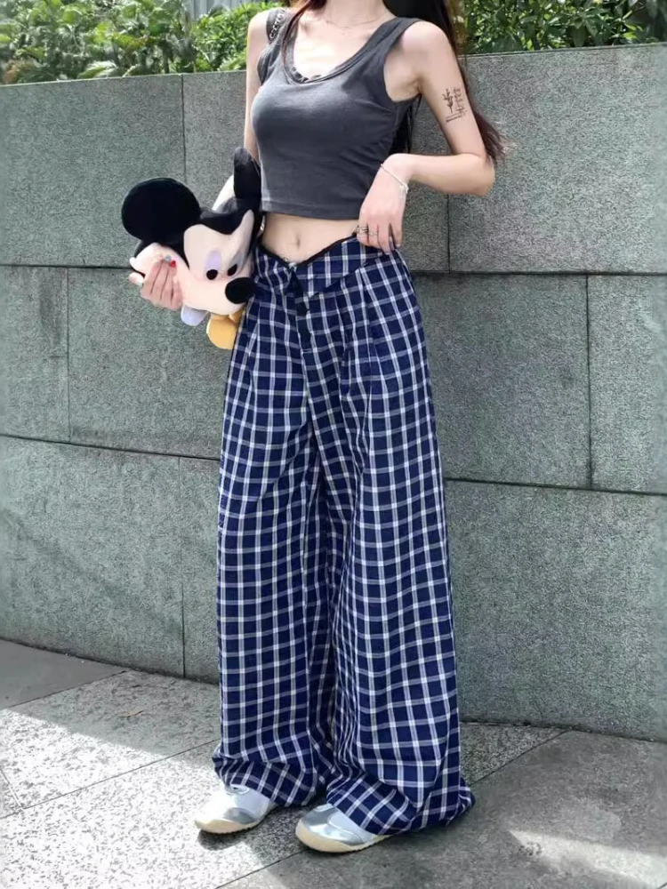 Blue Vintage Plaid Loose Straight pants Women's Summer High Waist Korean Loose Wide Leg Trousers Casual Streetwear Pockets Pants