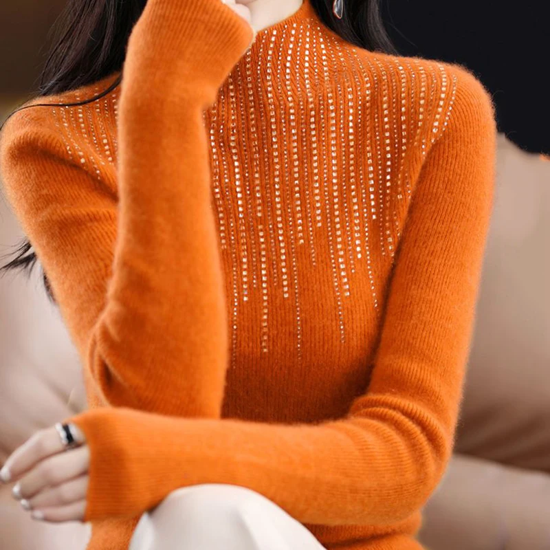 Lucyever Luxury Shiny Crystal Turtleneck Sweaters Women Fashion Slim Rhinestones Knitted Jumper Ladies Solid Soft Warm Pullover