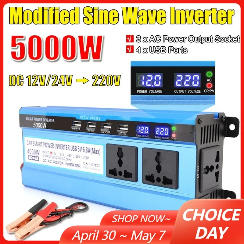 

5000/4000/3000 Вт модифицированный синусоидальный инвертор мощности 4USB двойной ЖК-дисплей DC 12 В/24 В до 220 В трансформатор напряжения инвертор мощности