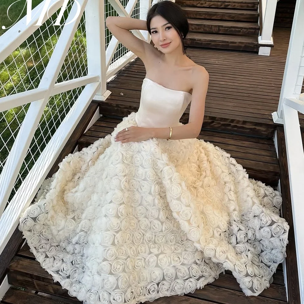 

MD New Customized Luxury Satin Evening Dress Strapless Sleeveless Prom Gown Bespoke Occasion Gown 3D Flower Lace فساتين س