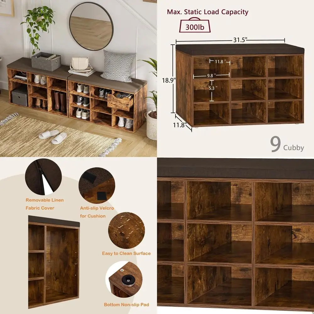 

Многофункциональная скамья для хранения вещей с подушкой и 9 кубиками для прихожей, прихожей, прихожей и гаража, коричневый в деревенском стиле