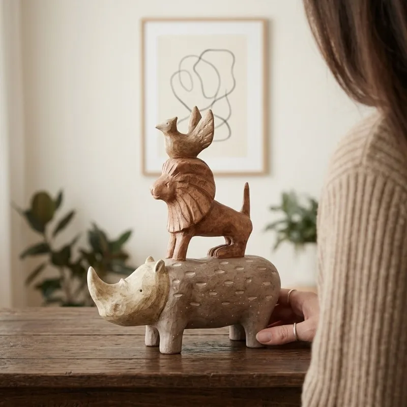 Creative Wooden Rhino Ornament for Home Decorations
