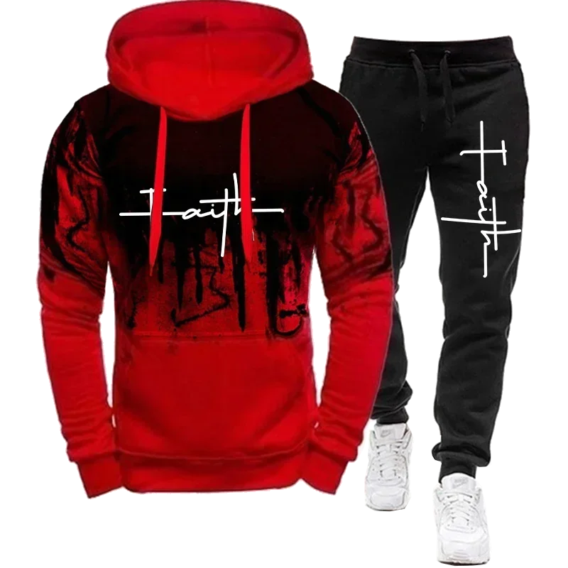 Fashion Faith Print Autumn Men\'s Casual Tracksuit Men Sweatshirts and Sweatpants Two Pieces Sets Sportswear Plus Size customized