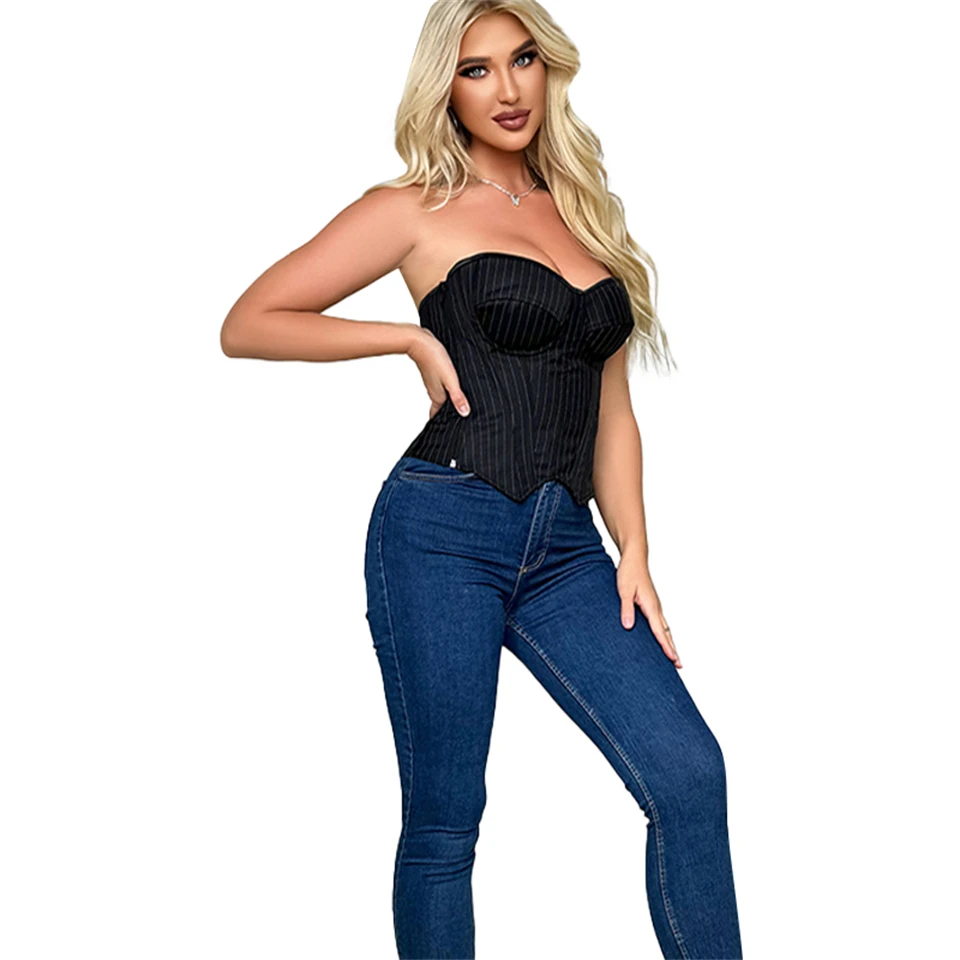 Becirzet Damen Overbust-Korsett mit Reißverschluss, gestreift, Schnür-Bustier, Taillenformer, Bauchkontrolle, Shapewear, Oberteil für Bürodamen – Detail 10