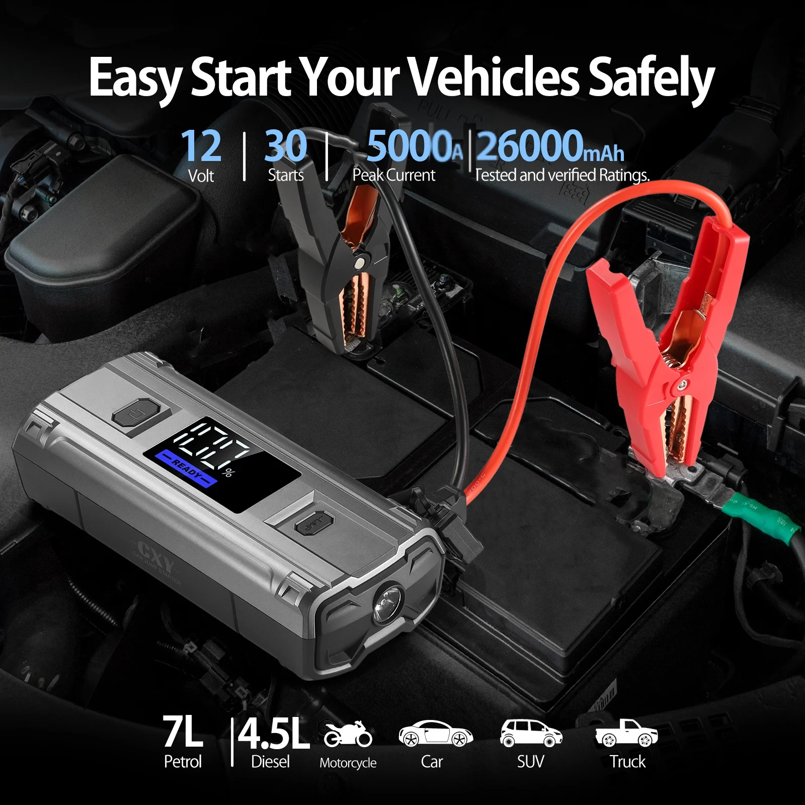 Car Battery Jump Starter,5000A Battery Pack for 7.0L Gas & 4.5L Diesel Engines, 12V Portable Jump Box with 3  Modes Flashlight