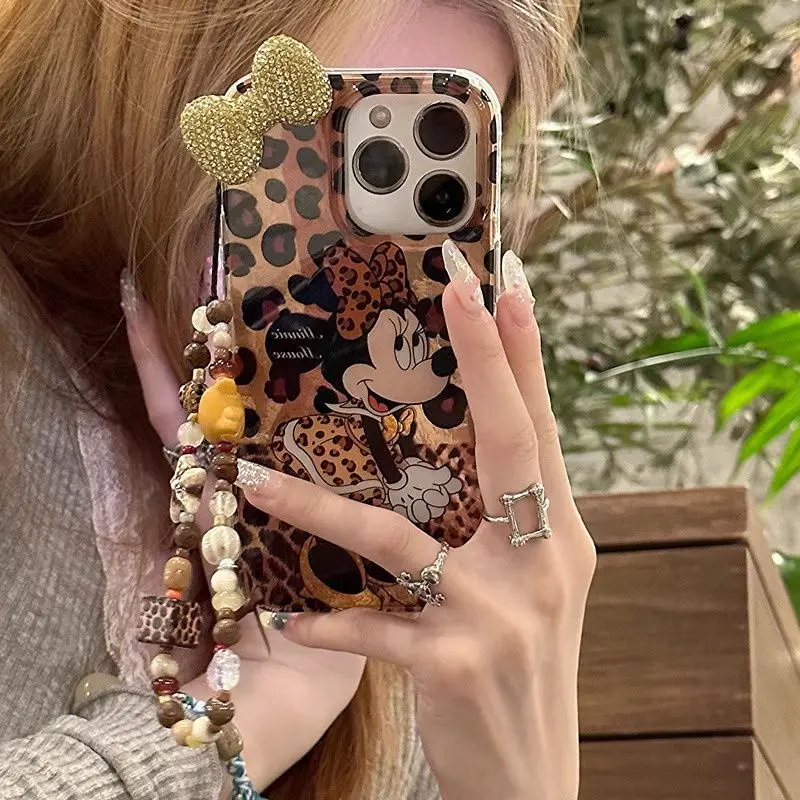 Disneys Mickeys Minnies Mouses Leopard Print Phone Case For iPhone 16 15 14 13 12 11Pro Max 78Plus XR XS MAX Y2K Cute Back Cover