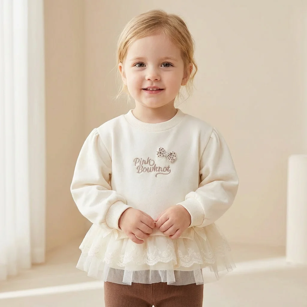 2026 Baby Girls Pink Bottom T-Shirt Spring Mesh Fabric Shirt 3D Bow Top for Girl Big Kids Long Sleeve Casual Top