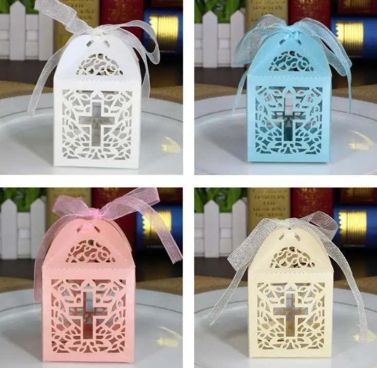 Dhl 2000pcs Ribbon Paper Laser Cut Out Cross Gift Candy Box Wedding Party Favor Boxes Wedding Reply Candy Wholesale