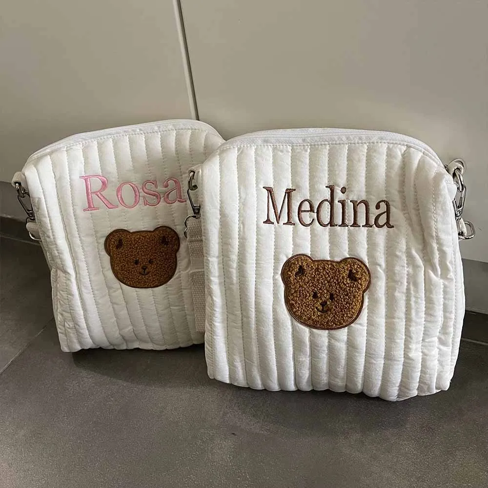 

Embroidered Mom Outdoor Cart Hanging Bag Multi functional Bear Diaper Storage Bag Name Customized Bear Handbag