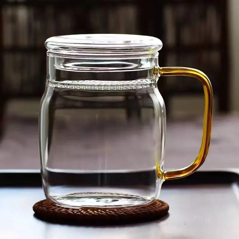 Heat Resistant Glass Tea Mug Crescent Filter Tea Strainer Separation with Handle and Lid Household Green Tea Cup Multi Colors