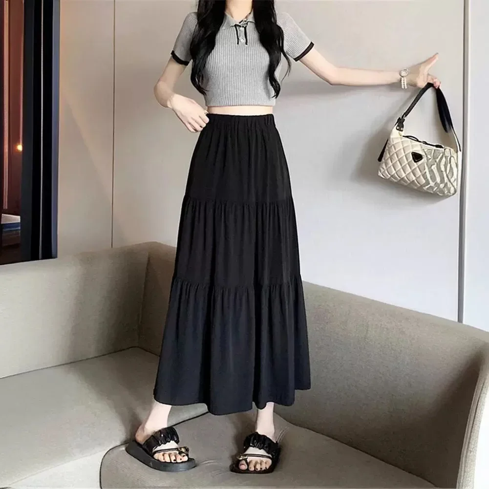 Women Summer Spliced Pleated ​​A-Line White Skirt High Stretch Waist Middle Length Skirt Fairy Korean Ladies Half Length Skirt