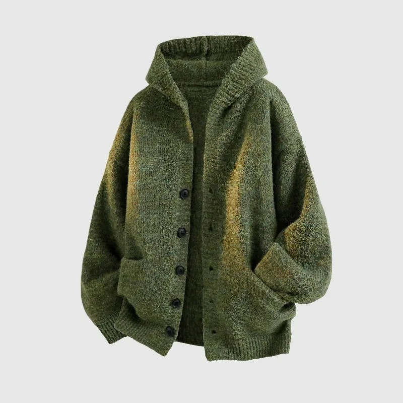 KIDWHXR Kapuzenpullover für Herren, Herbst, locker geschnitten, einfarbig, einreihig, gestrickter Mantel, einfacher Langarm-Cardigan mit Taschen, lässiger Herrenpullover. – Detail 6