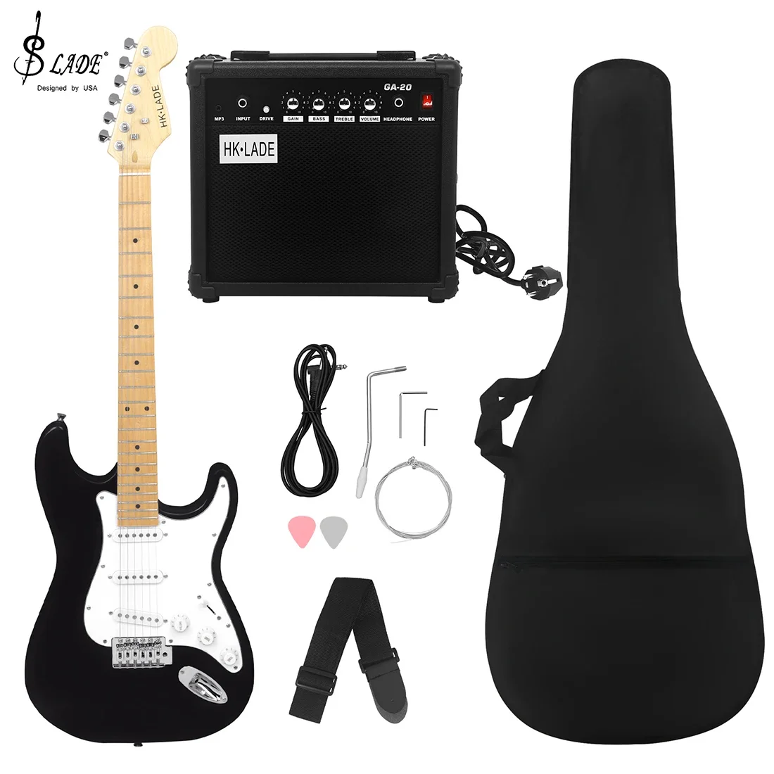 SLADE 39 Polegada 6 Cordas ST Guitarra Elétrica 22 Trastes Corpo de Bordo Pescoço Guitarra Elétrica com Bolsa Amp Peças e Acessórios de Guitarra