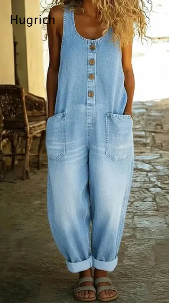 Oversized Sleeveless Denim Overalls U Neck Button Front Patch Pocket Cuffed Ankle Loose Casual Women Jumpsuit