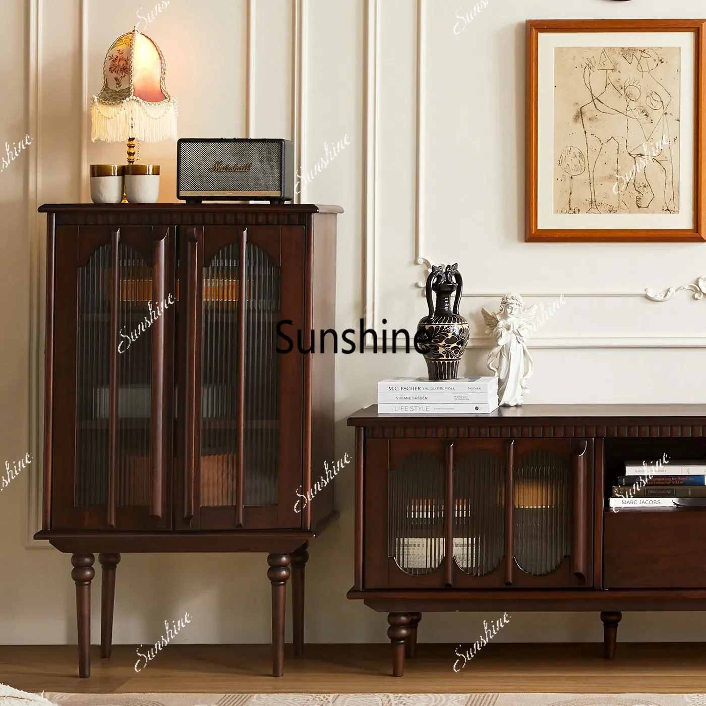 

YMedieval French solid wood living room locker glass door display