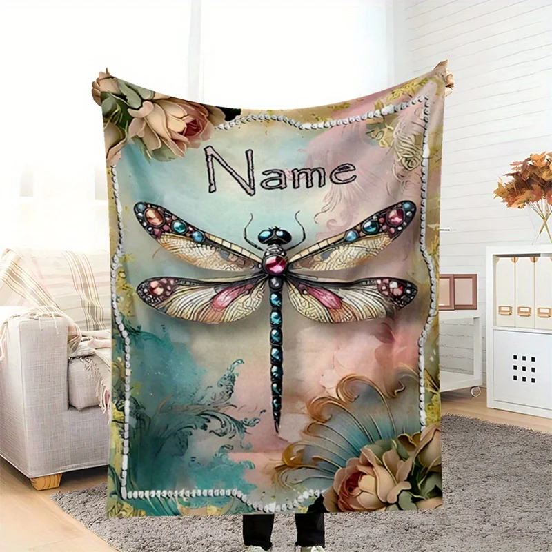Personalized Dragonfly Blanket with Name Versatile for All Seasons - Perfect Gift for Birthdays, Christmas, Halloween