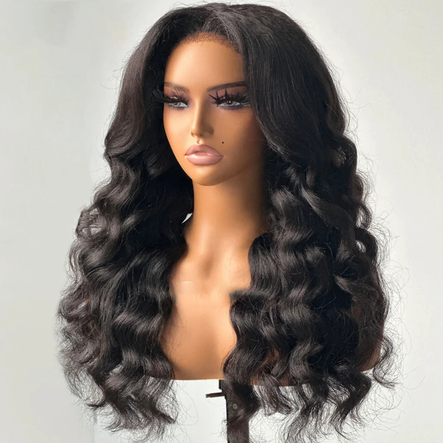 

Super Soft Double Texture Kinky Straigh Body Wave 13x4Lace Front Hair Wig Synthetic Preplucked Yaki Wave Long 26 Inch 180density