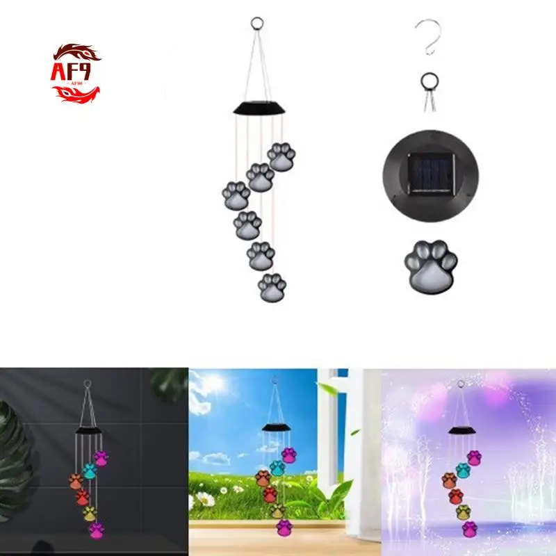 AF90-Solar LED Wind Chime Lamp Paws Print Solar Wind Chime Cats Pet Pawprint Solar IP65 Waterproof Hanging