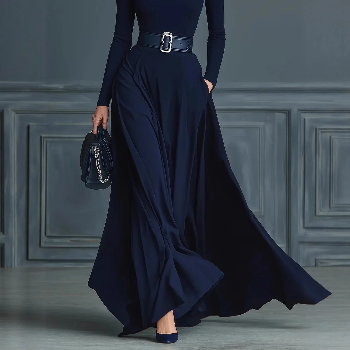 Herbst Neue Frauen Elegante Einfarbig Rollkragen Maxi Kleid Langarm Büro Party Abendkleid Tasche Maxi Kleid Gürtel