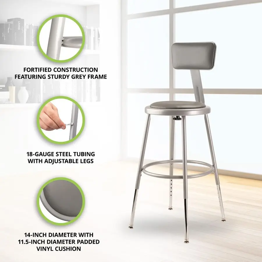 6400 Series Heavy Duty 18 Inch Adjustable Height Steel Stool with Round Seat and Backrest, Grey Frame and Legs