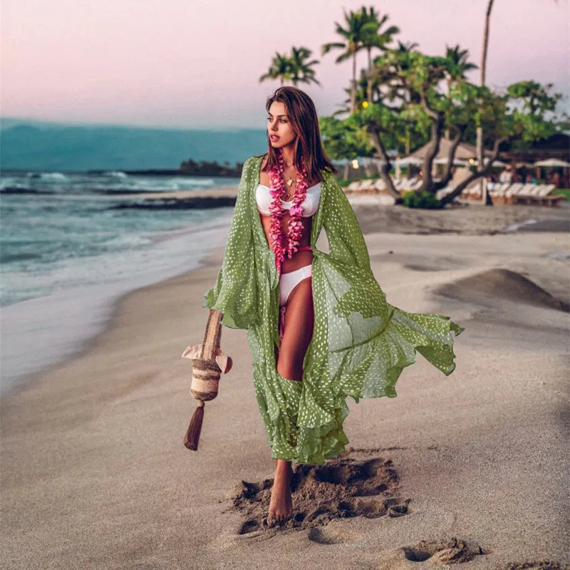 Cubierta de Bikini Sexy con Estampado de Puntos Redondos, Cardigan de Poliéster para la Playa, Falda de Vacaciones, Ropa Depo...